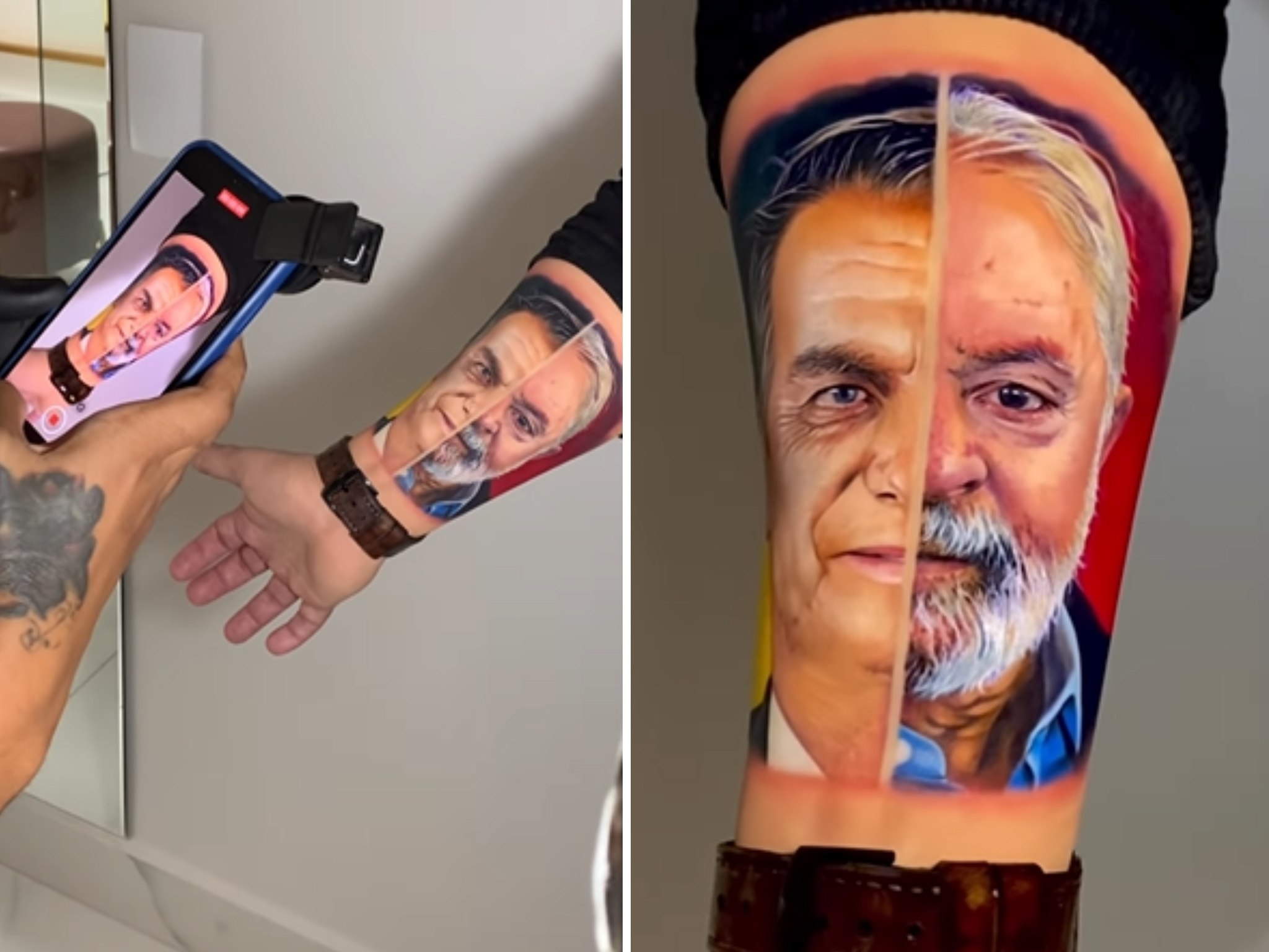 Homem faz tatuagem unindo rostos dos adversários Bolsonaro e Lula