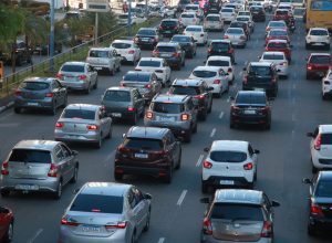 salvador, bahia, brazil - february 8, 2022: Vehicles in traffic jam on Avenida Tacredo Neves in Salvador city.